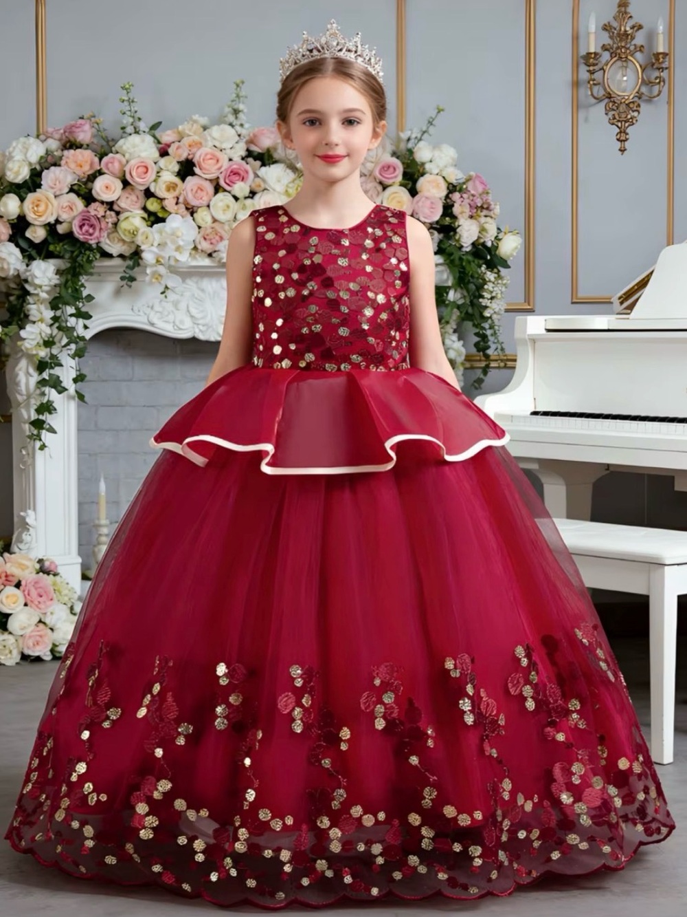 Girls' Burgundy Sequin Peplum Tulle Party Dress